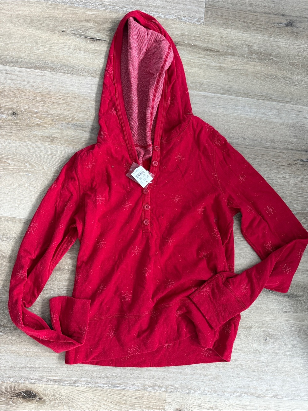 aerie Red Hooded Henley Pullover with Subtle Starburst Detail